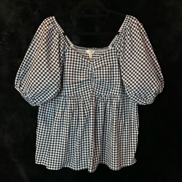 Boho/ Rockabilly Black & White Plaid Top, Puff Sleeve, smocked back size… - Picture 1 of 10